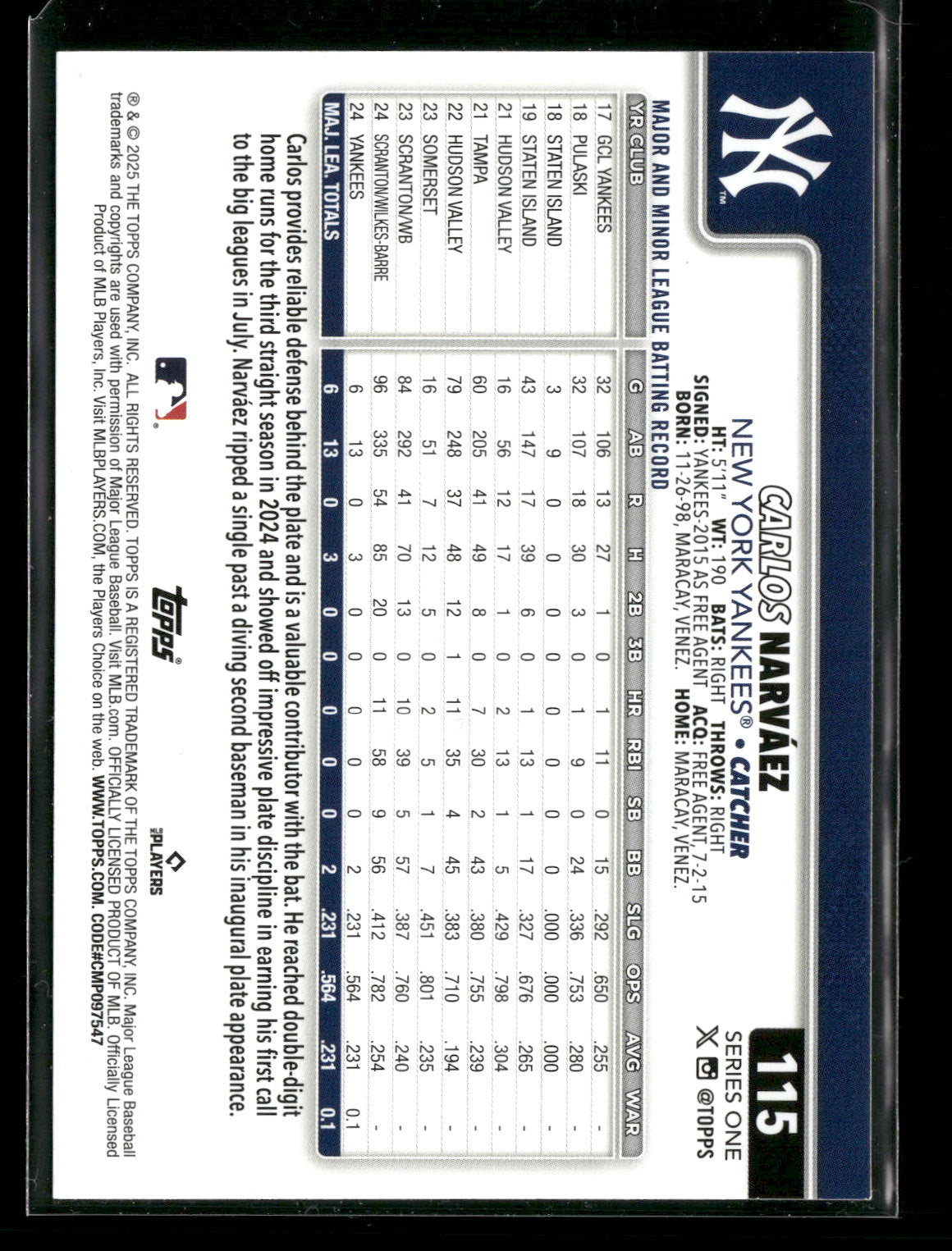 2025 Topps Series 1 Baseball Carlos Narváez #115 RC