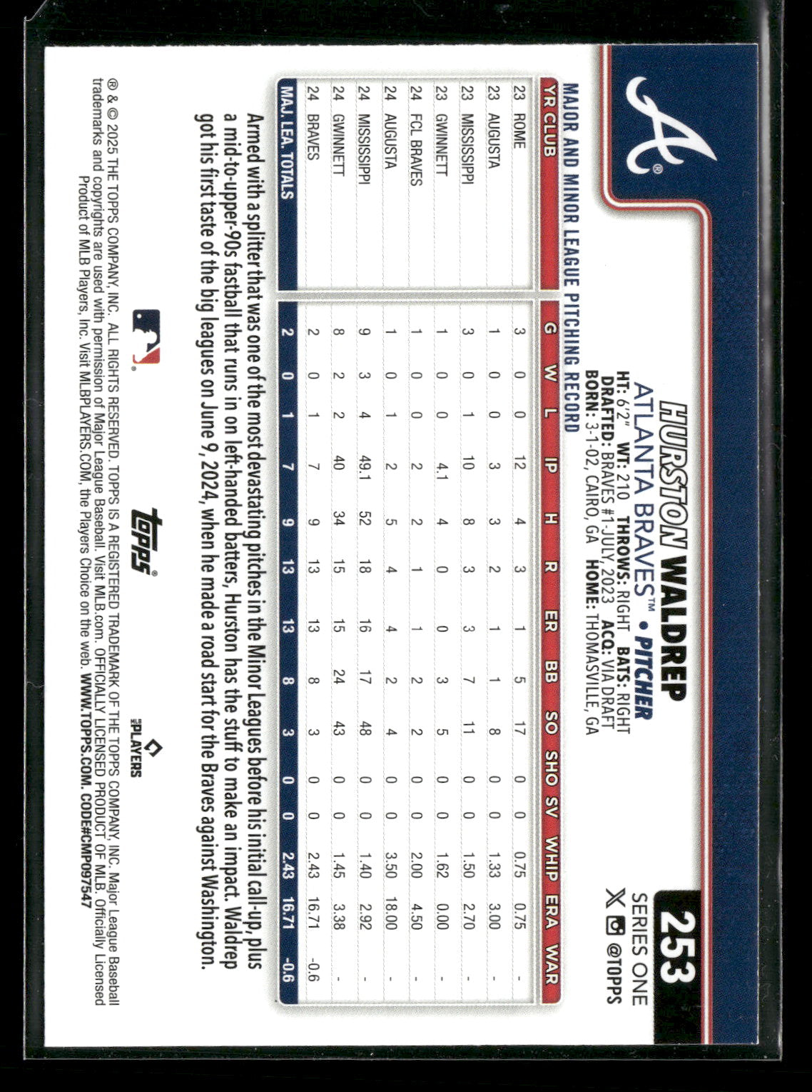 2025 Topps Series 1 Baseball Hurston Waldrep #253 RC