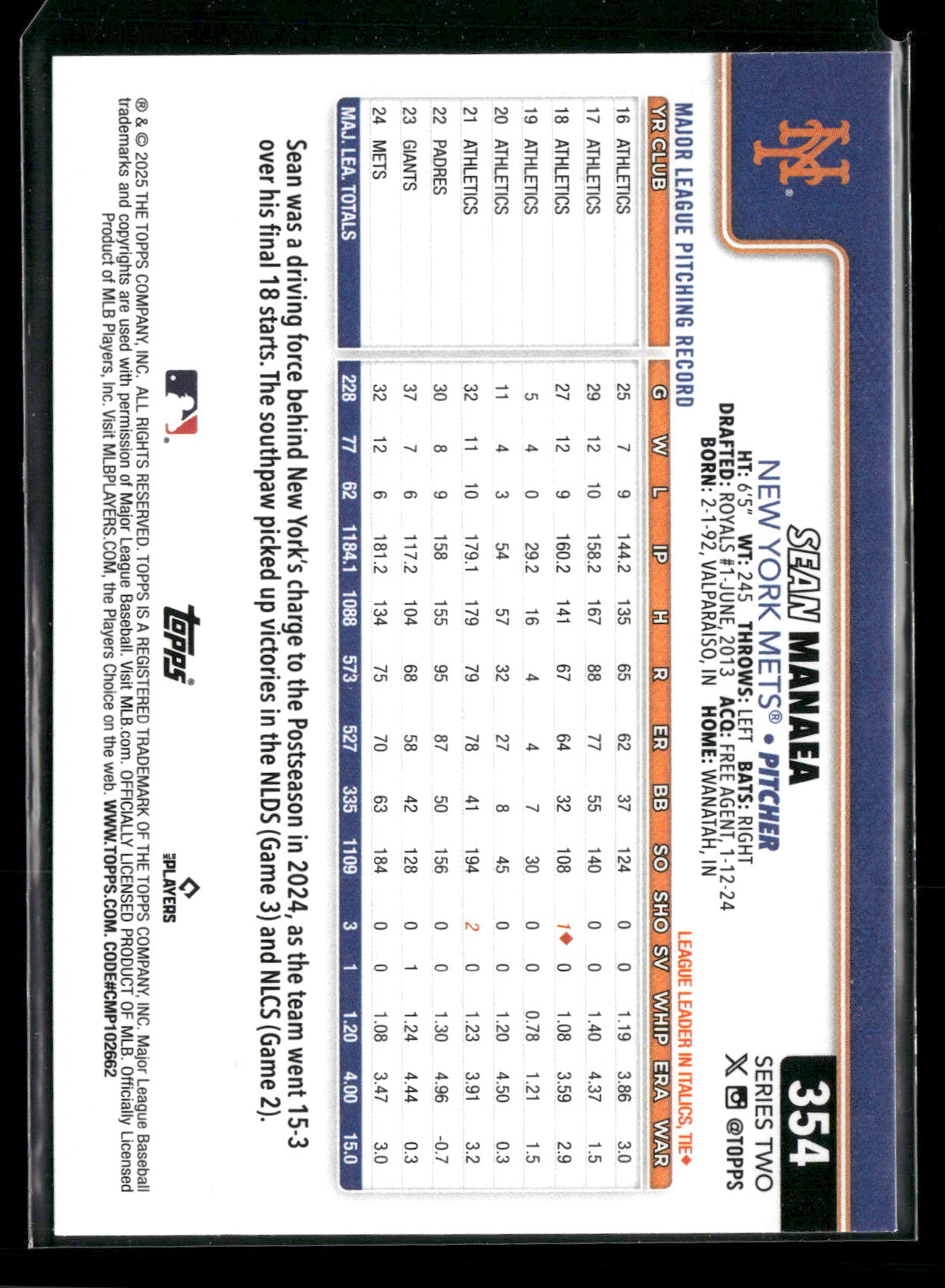 2025 Topps Series Two Sean Manaea #354 Holo Foil
