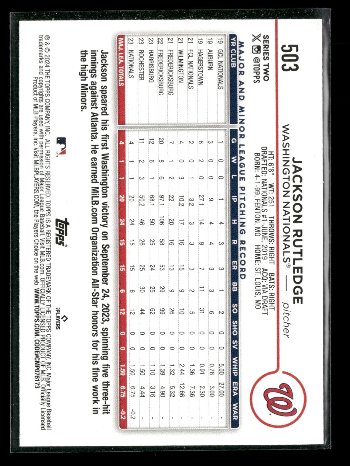 2024 Topps Series Two Jackson Rutledge #503 Rainbow Foil RC