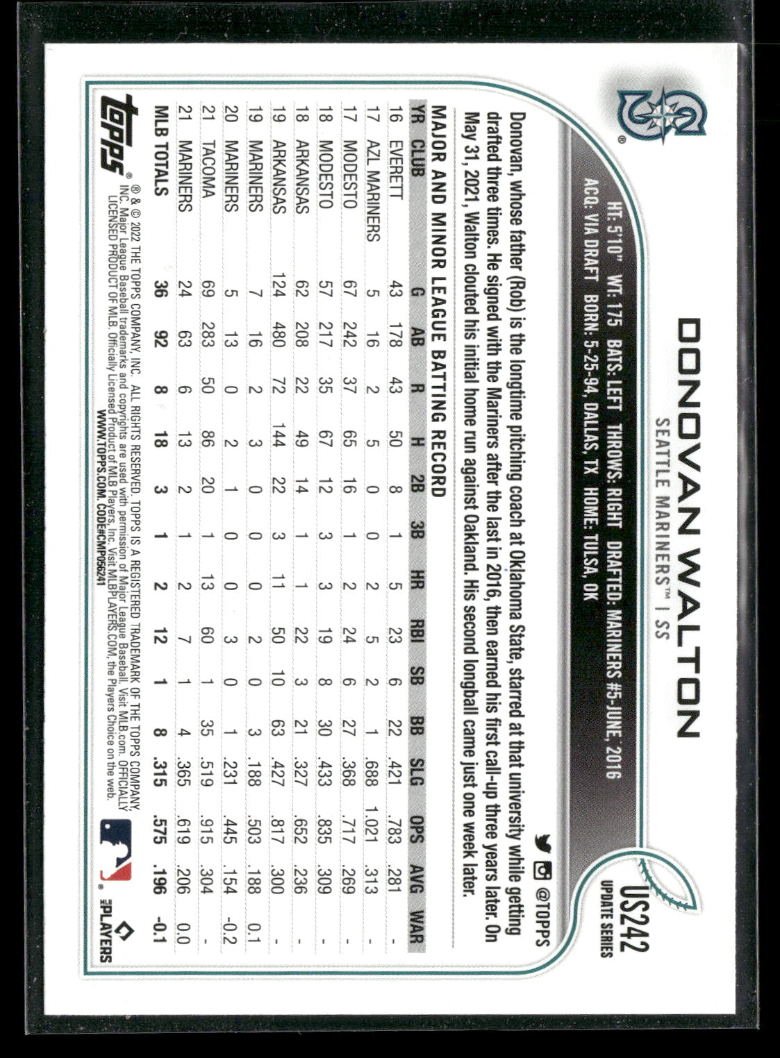 2022 Topps Update Series Donovan Walton #US242 Gold Foil