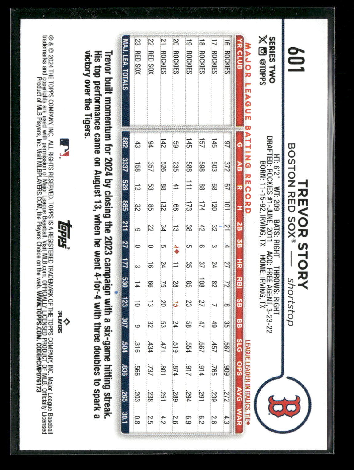2024 Topps Series Two Trevor Story #601 Aqua