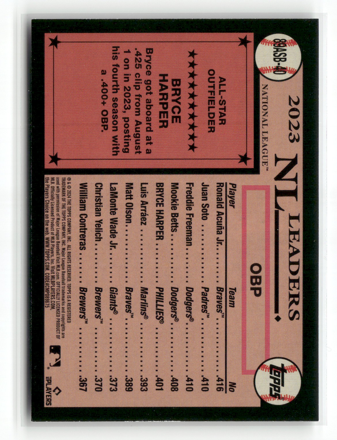 2024 Topps Series Two Bryce Harper #89ASB-40 1989 Topps All-Star Baseball Foil