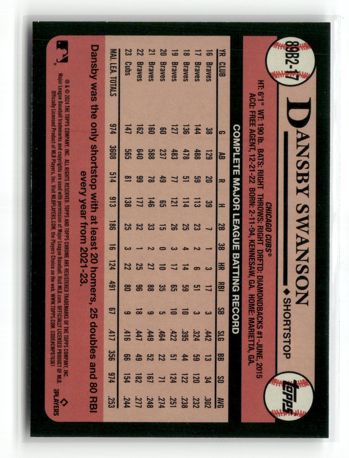 2024 Topps Series Two Dansby Swanson #89B2-17 1989 Topps Baseball Foil Board