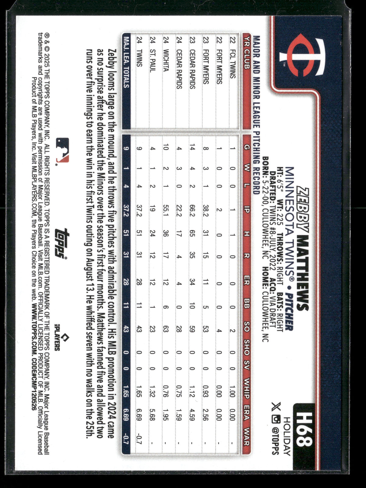 2025 Topps Holiday Zebby Matthews #H68 RC