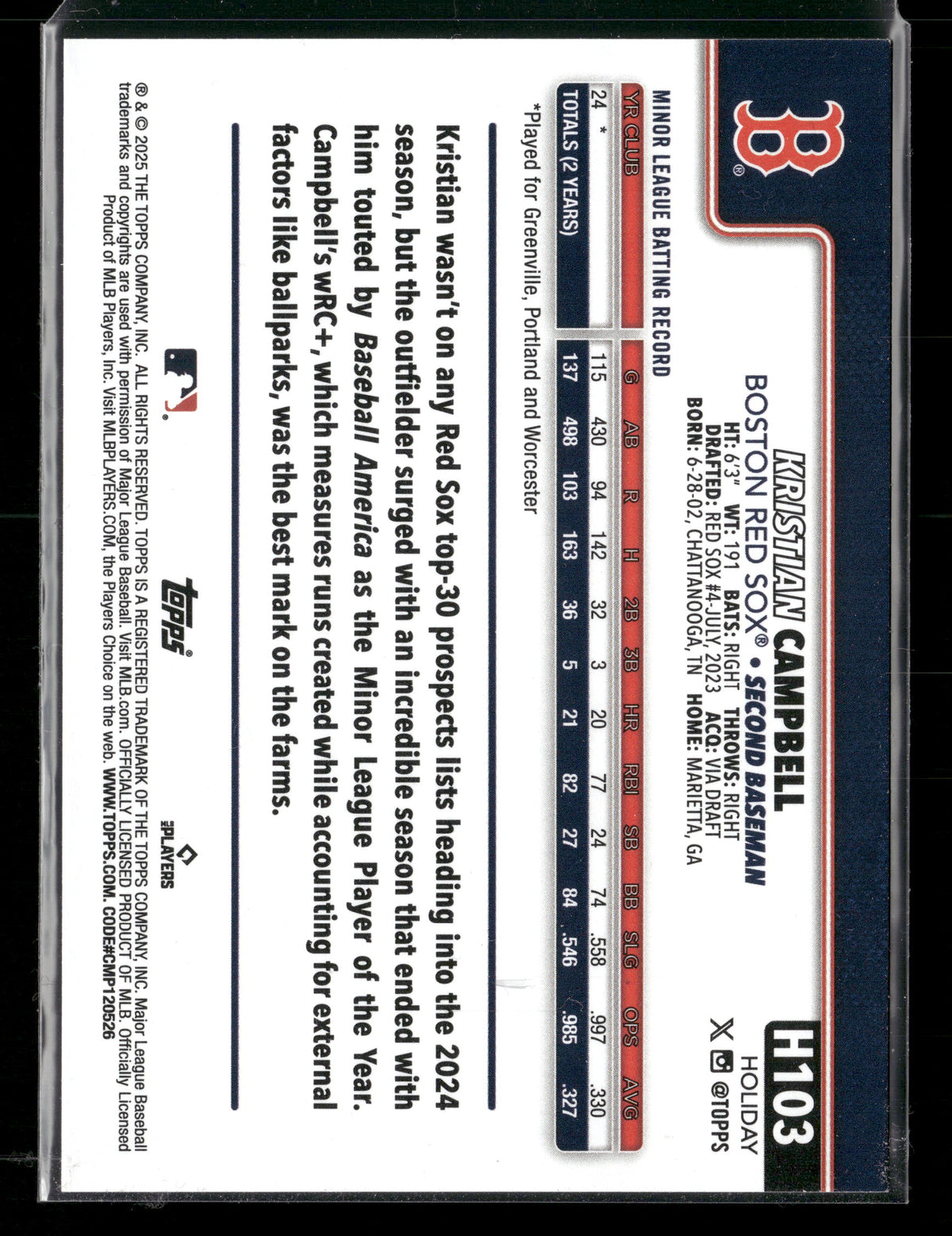 2025 Topps Holiday Kristian Campbell #H103 RC