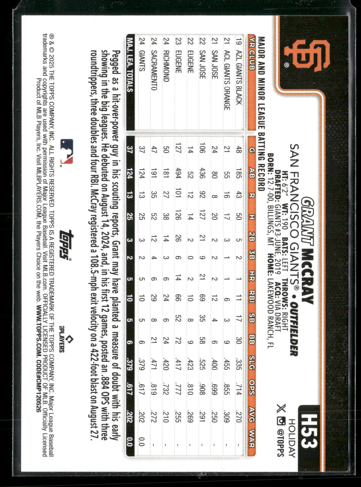 2025 Topps Holiday Grant McCray #H53 RC