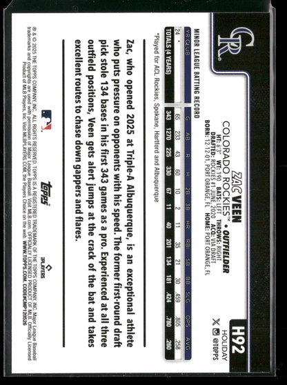 2025 Topps Holiday Zac Veen #H92 RC