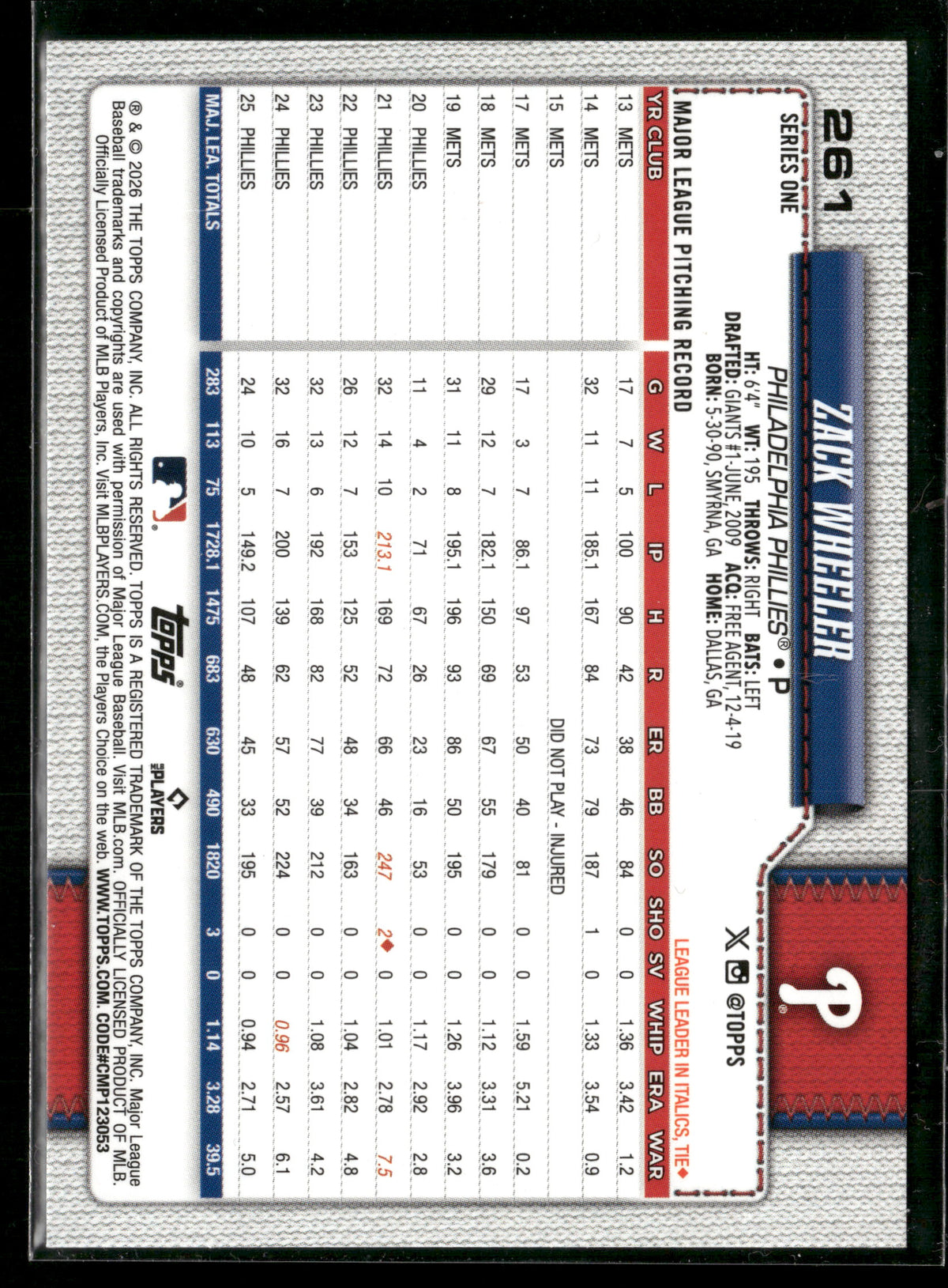 2026 Topps Series 1 Zack Wheeler #261 Diamante Foil