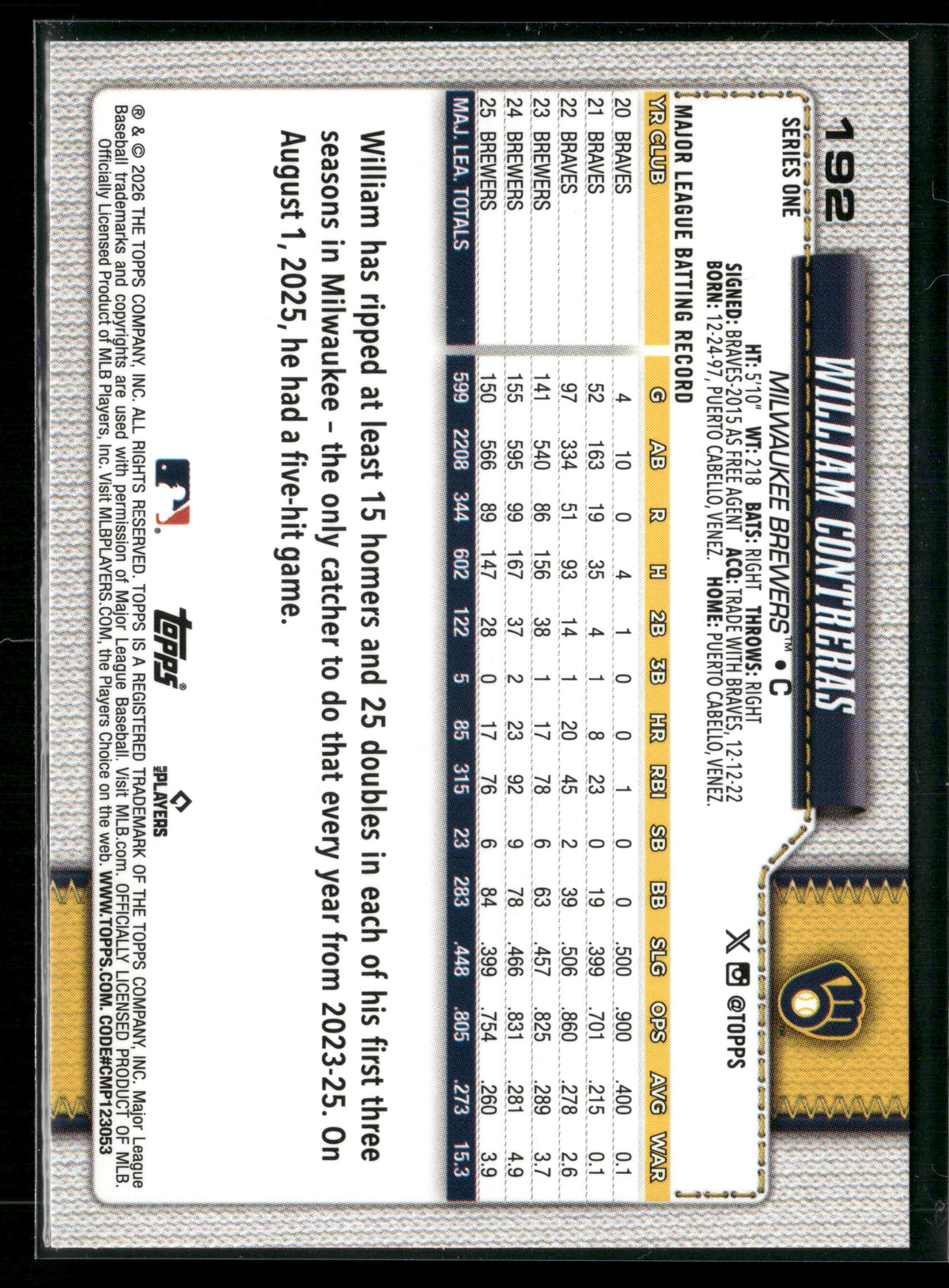 2026 Topps Series 1 William Contreras #192 Diamante Foil