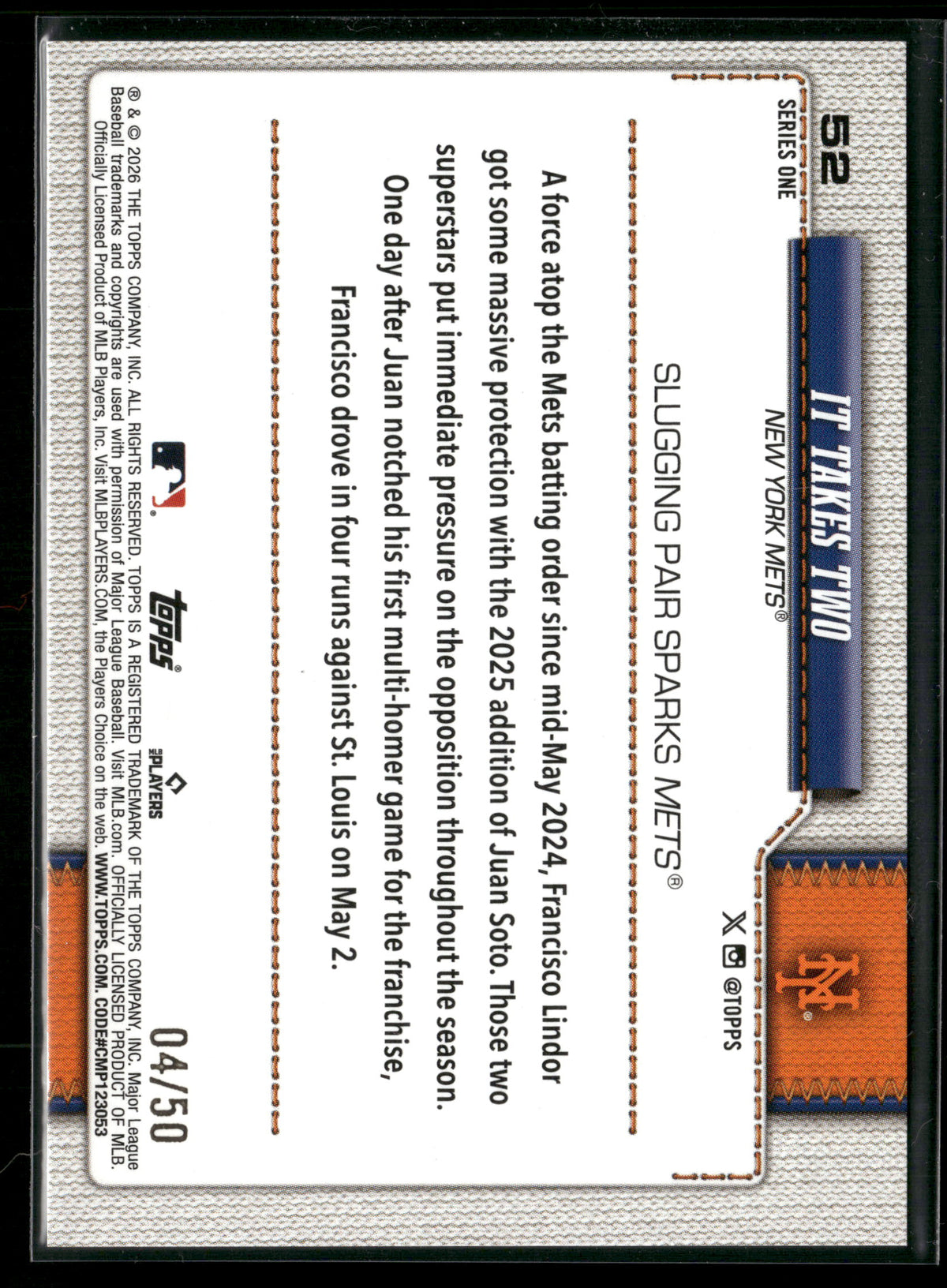 2026 Topps Series 1 Francisco Lindor Juan Soto #52 Gold Holo Foil /50