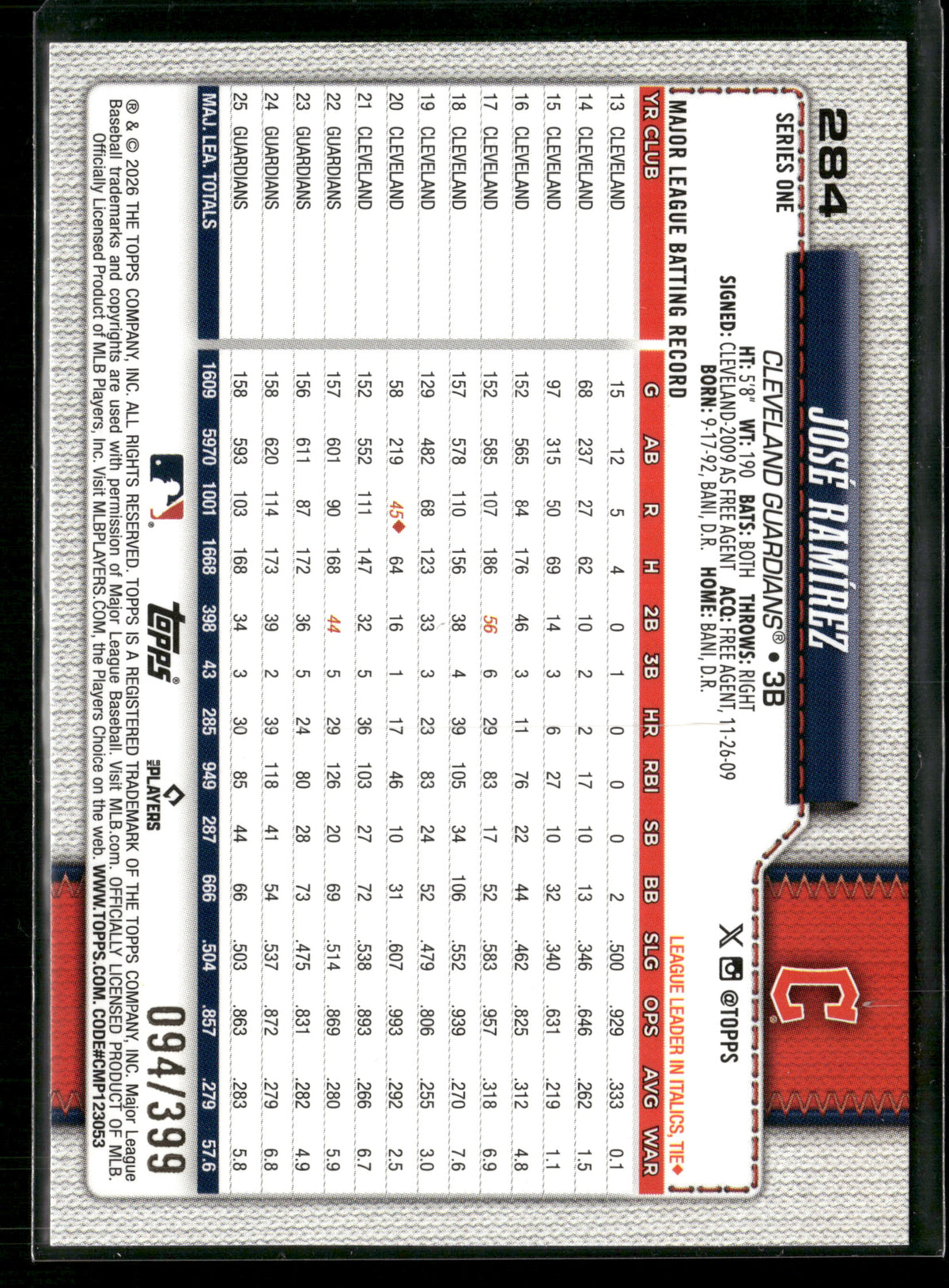 2026 Topps Series 1 José Ramírez #284 Yellow Holo Foil /399