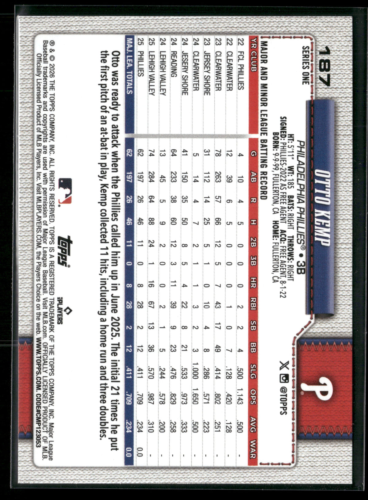 2026 Topps Series 1 Otto Kemp #187 RC Holo Foil