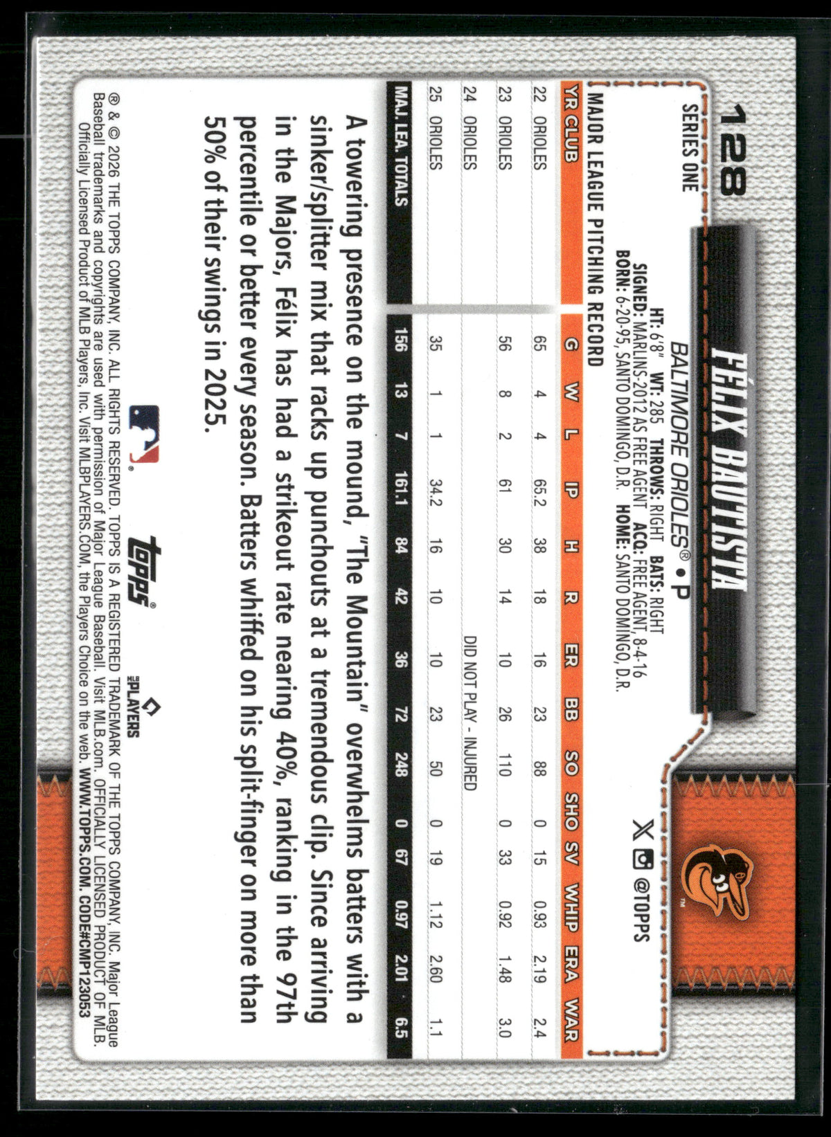 2026 Topps Series 1 Félix Bautista #128 Rainbow Foil