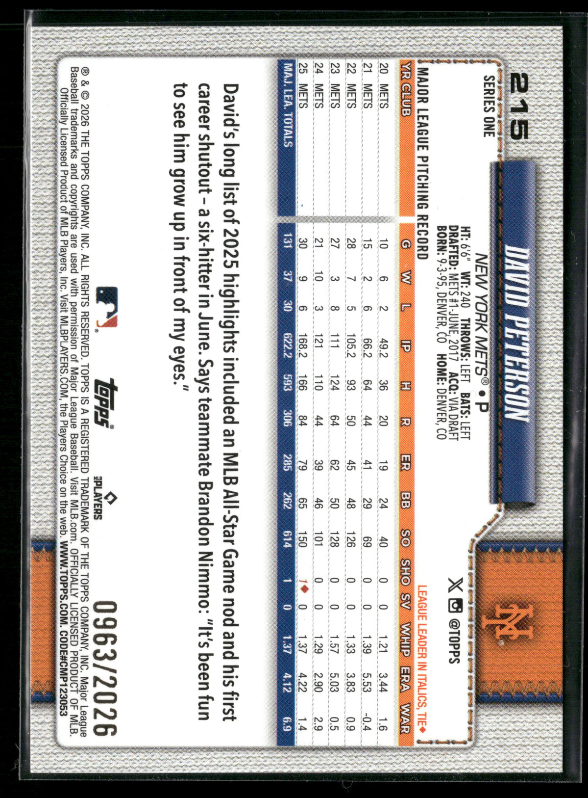 2026 Topps Series 1 David Peterson #215 Gold /2026