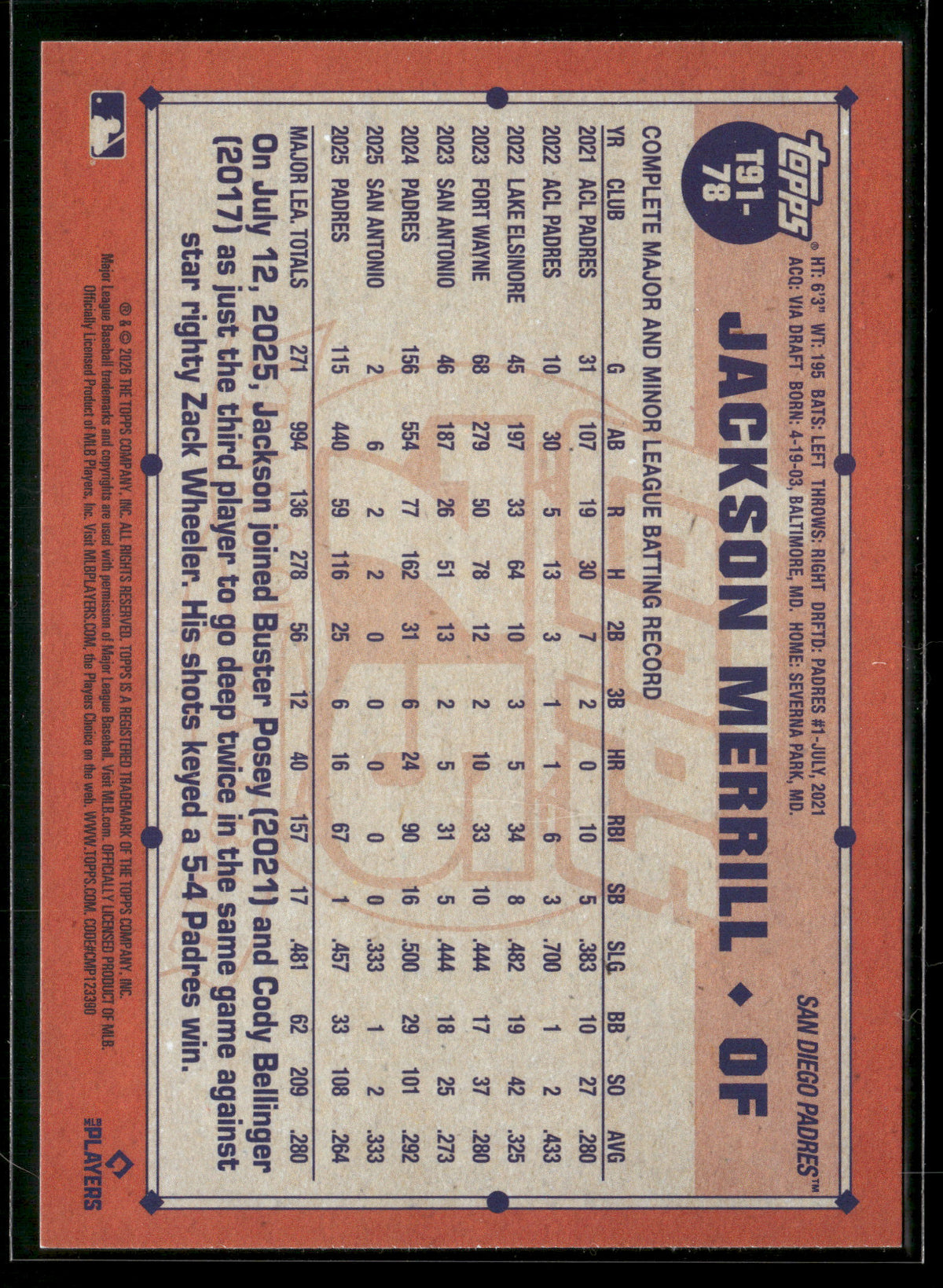 2026 Topps Series 1 Jackson Merrill #T91-78 1991 Topps Baseball