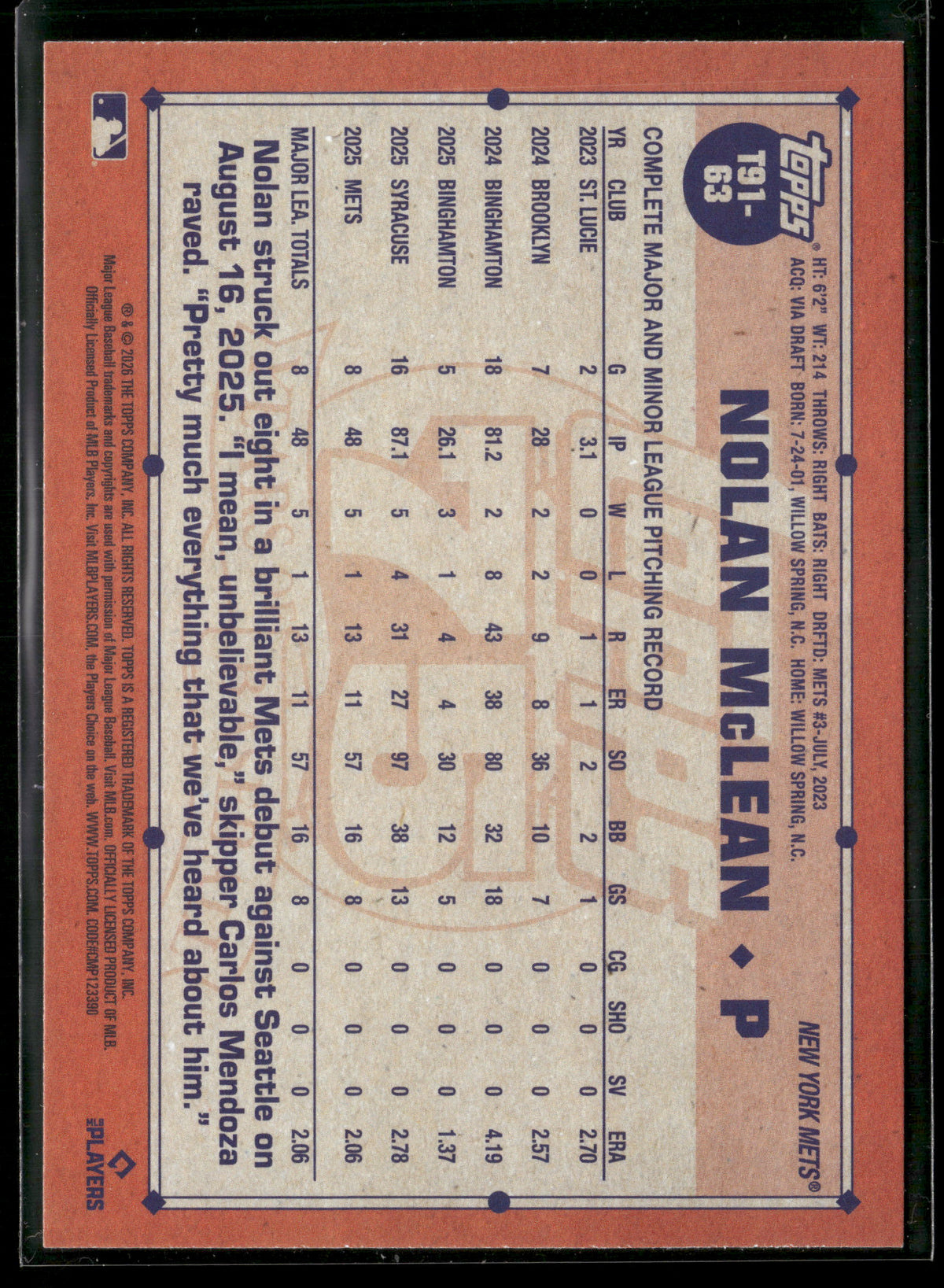 2026 Topps Series 1 Nolan McLean #T91-63 RC 1991 Topps Baseball