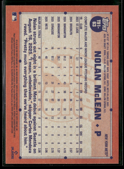 2026 Topps Series 1 Nolan McLean #T91-63 RC 1991 Topps Baseball