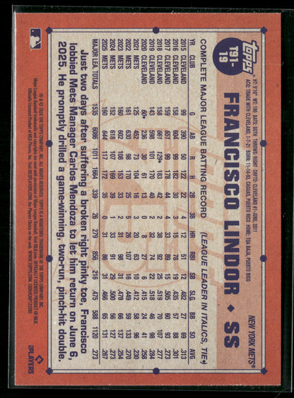 2026 Topps Series 1 Francisco Lindor #T91-19 1991 Topps Baseball