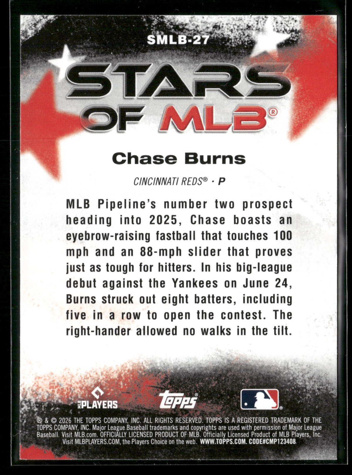 2026 Topps Series 1 Chase Burns #SMLB-27 Stars of MLB RC