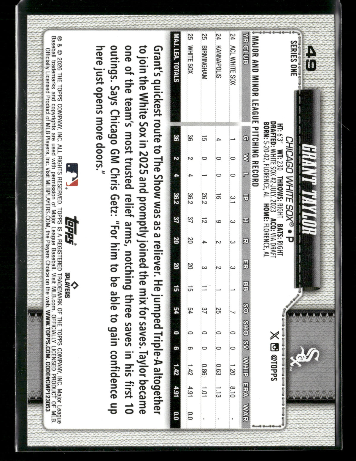 2026 Topps Series 1 Grant Taylor #49 RC