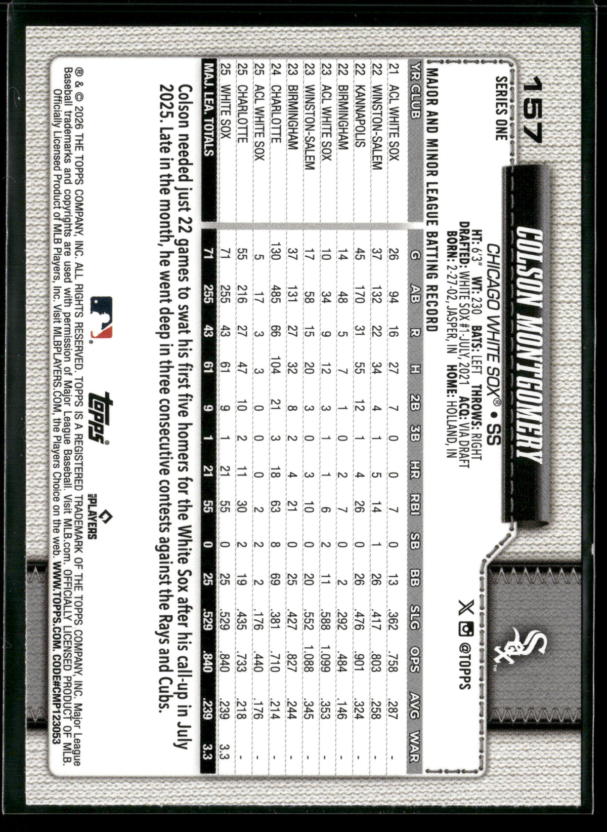 2026 Topps Series 1 Colson Montgomery #157 RC