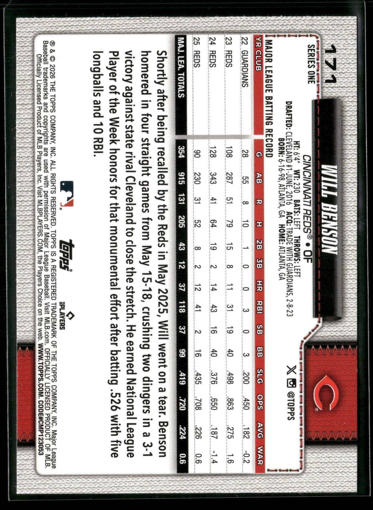 2026 Topps Series 1 Will Benson #171