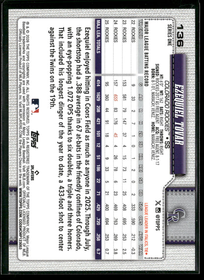 2026 Topps Series 1 Ezequiel Tovar #136