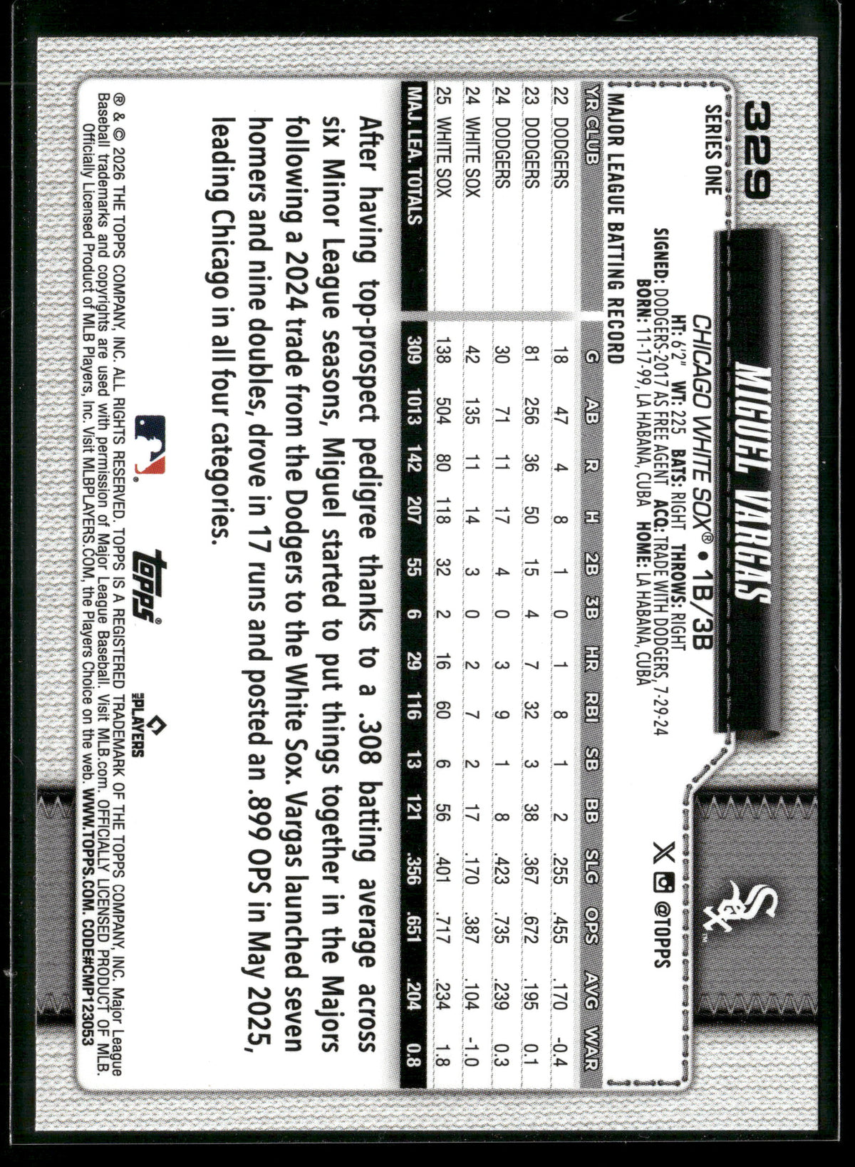 2026 Topps Series 1 Miguel Vargas #329