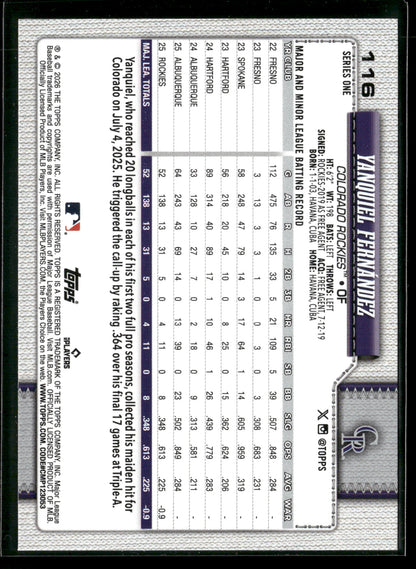 2026 Topps Series 1 Yanquiel Fernández #116 RC