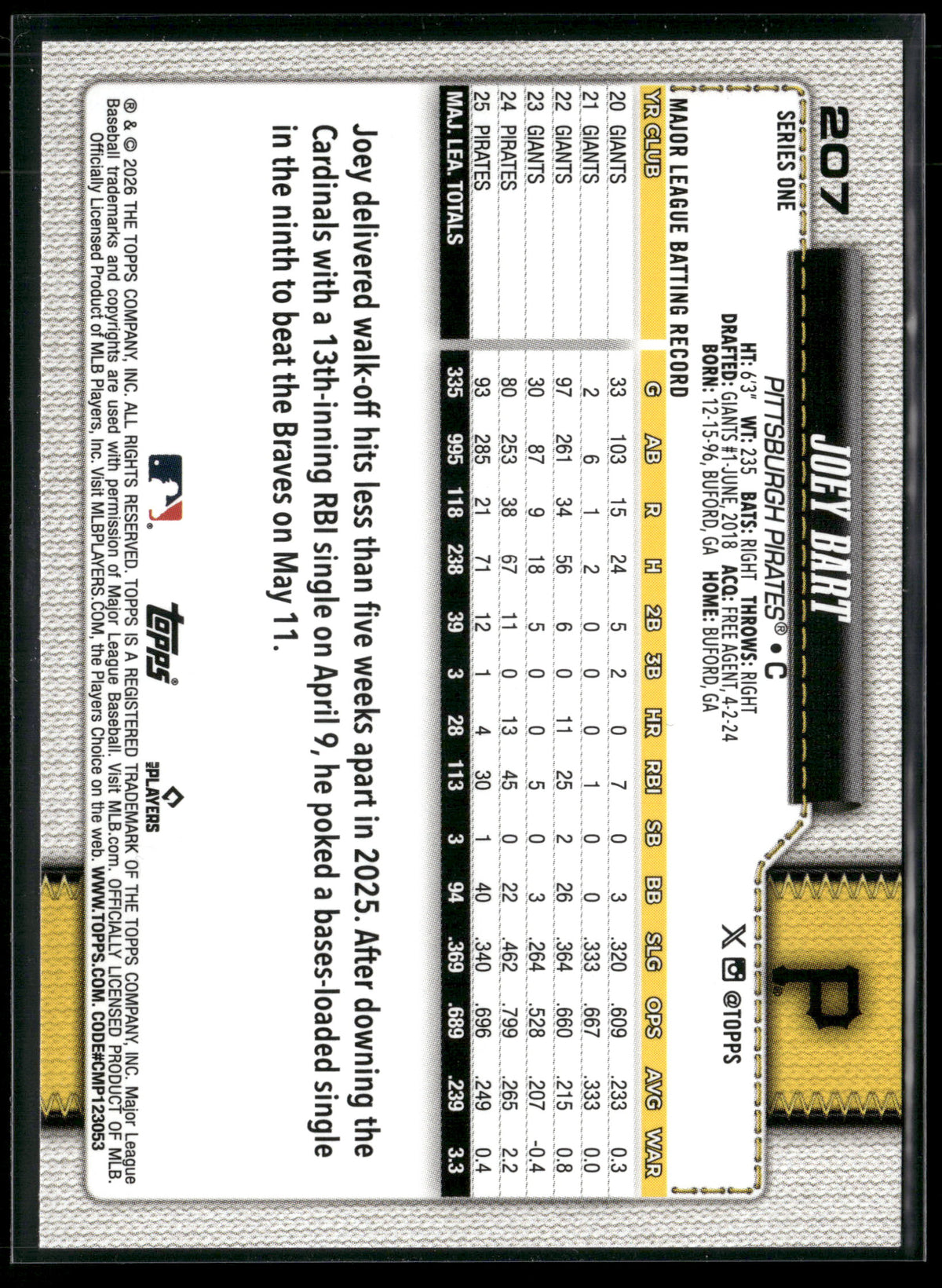 2026 Topps Series 1 Joey Bart #207
