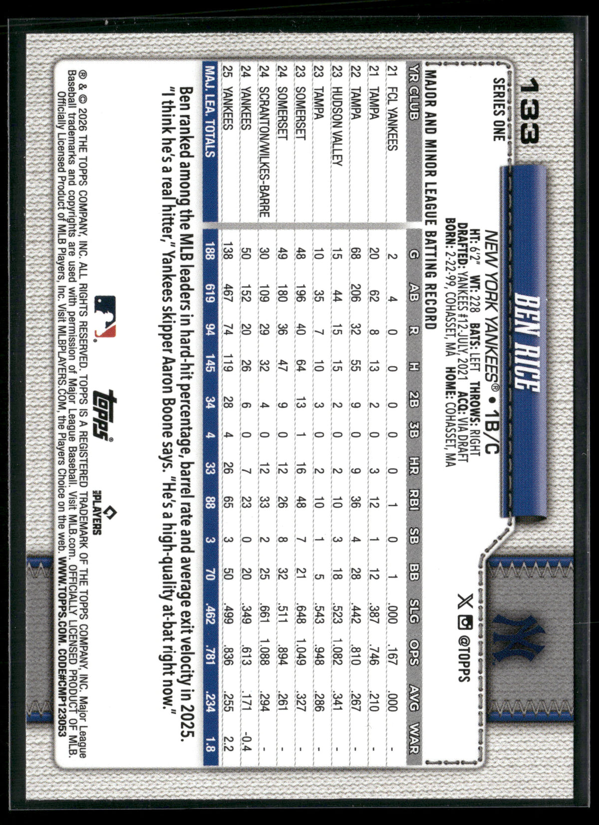 2026 Topps Series 1 Ben Rice #133