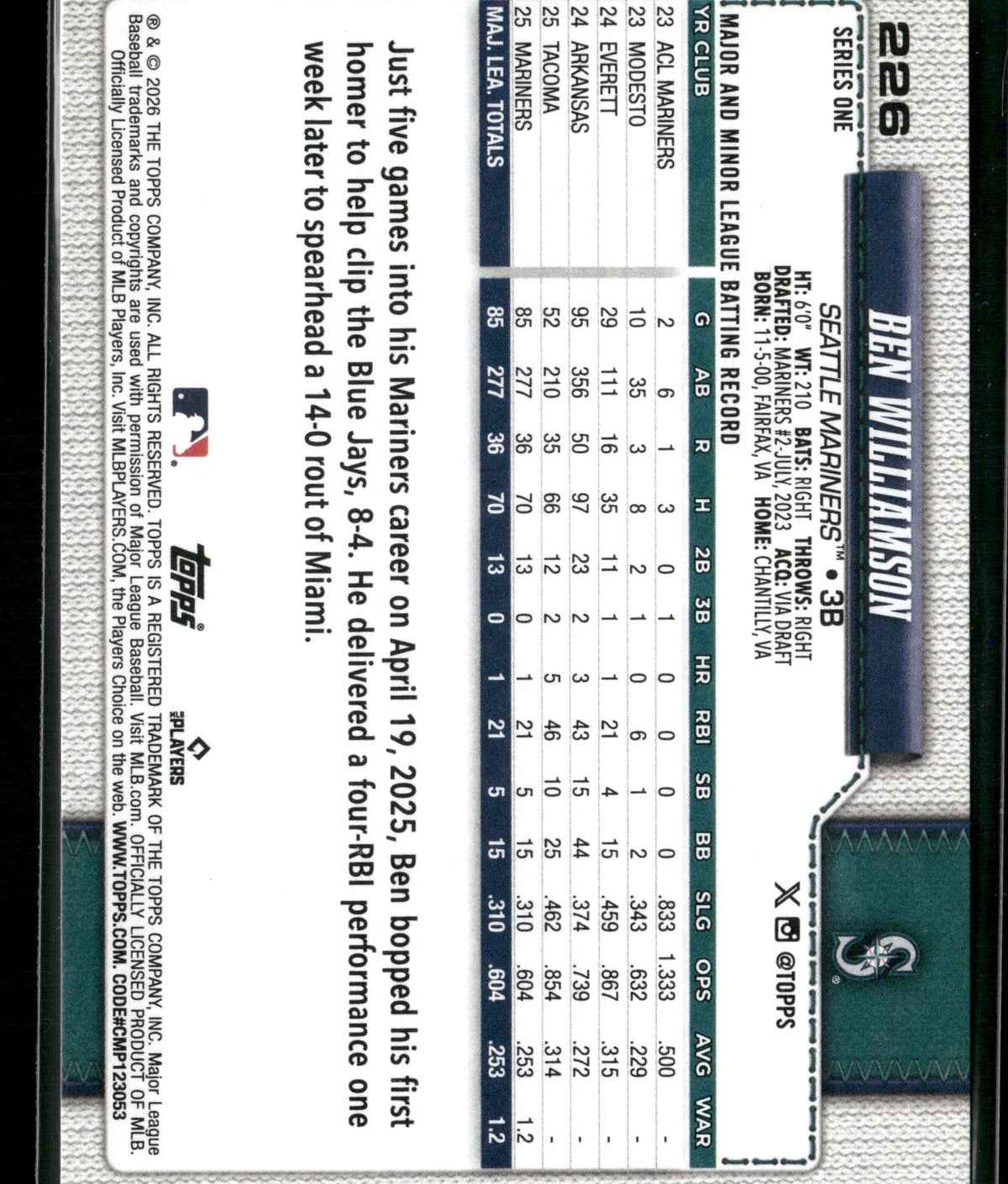 2026 Topps Series 1 Ben Williamson #226