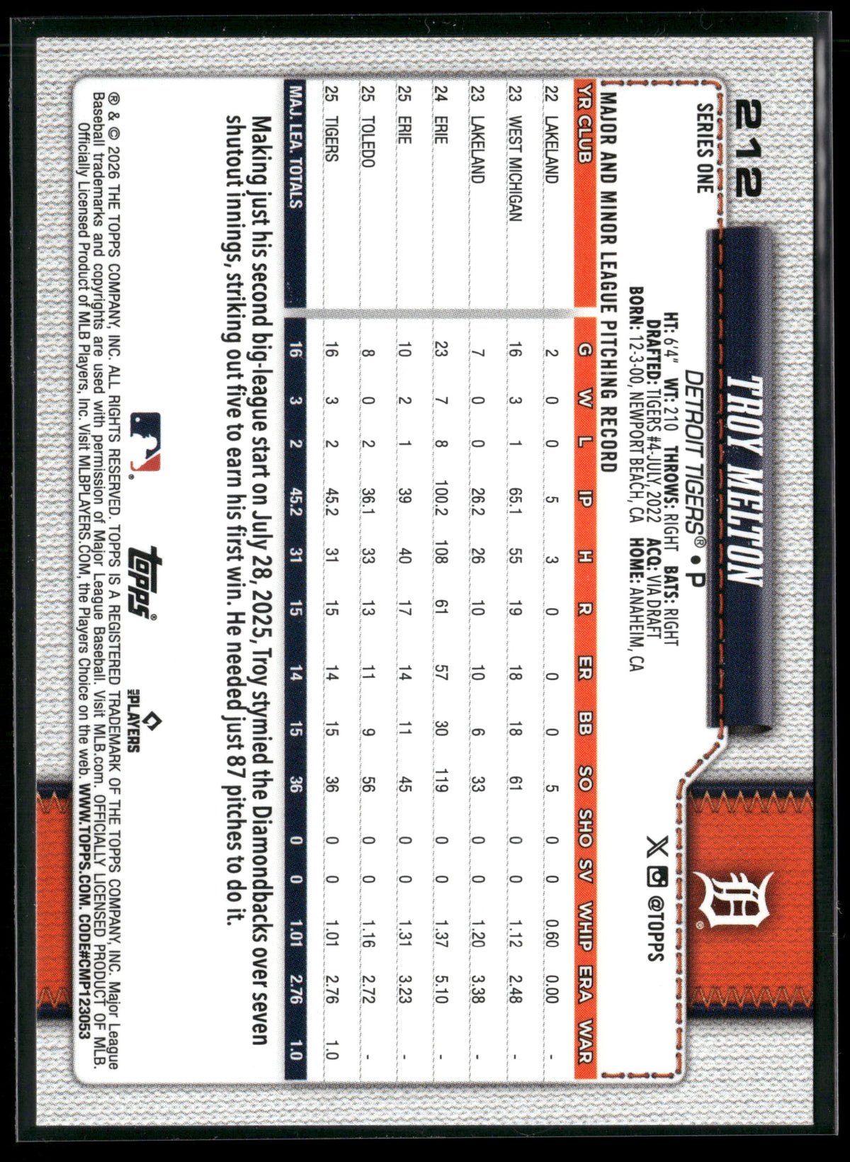 2026 Topps Series 1 Troy Melton #212 RC