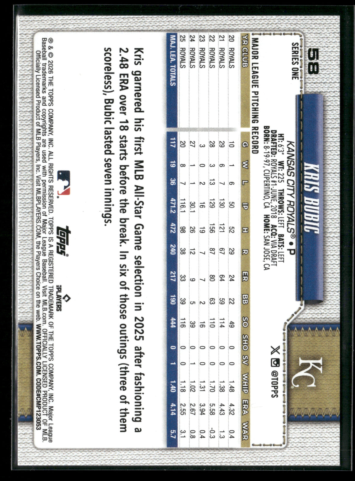 2026 Topps Series 1 Kris Bubic #58