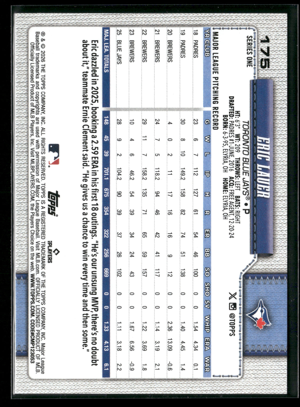 2026 Topps Series 1 Eric Lauer #175