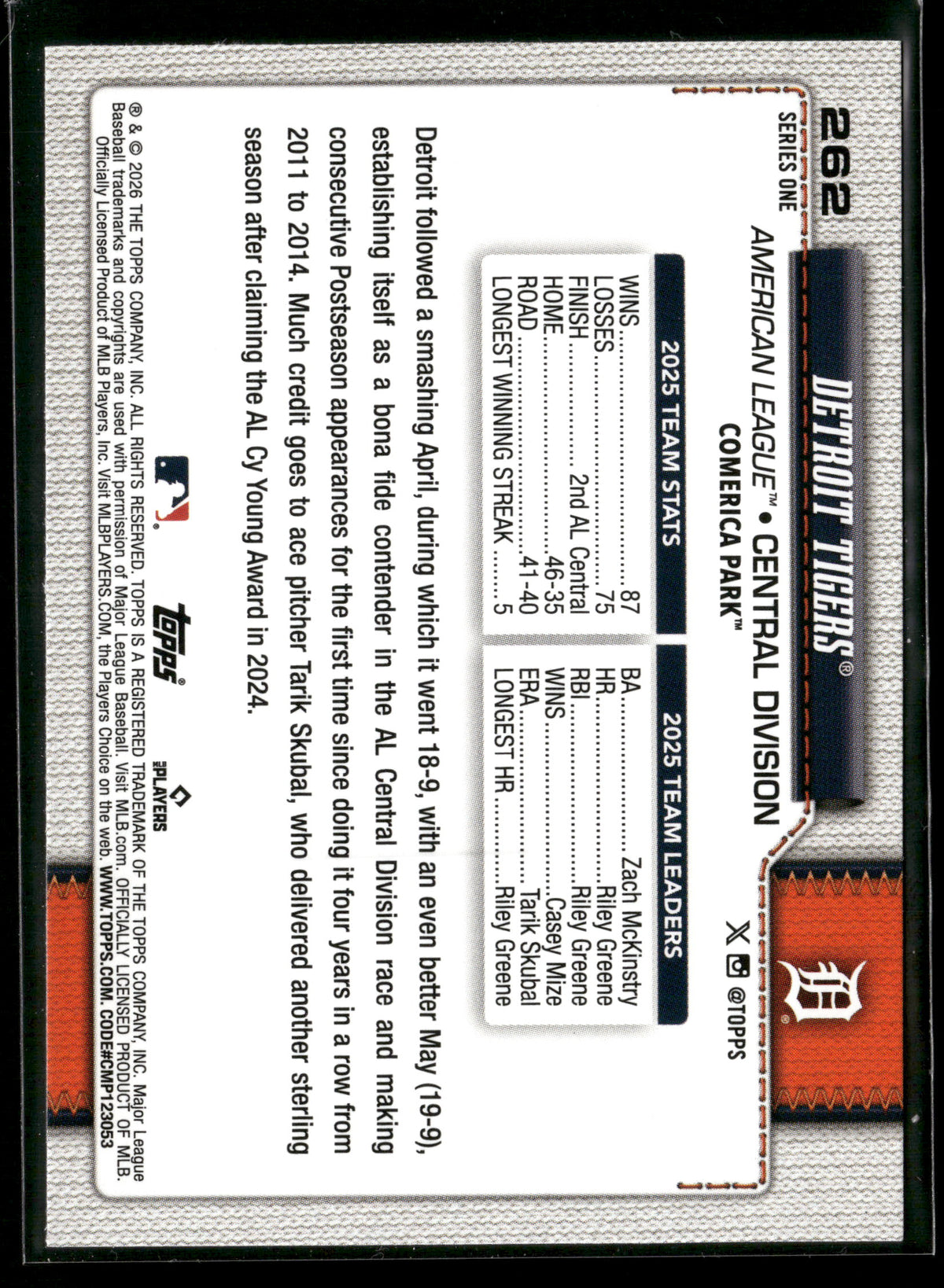 2025 Topps Series 1 Detroit Tigers #262