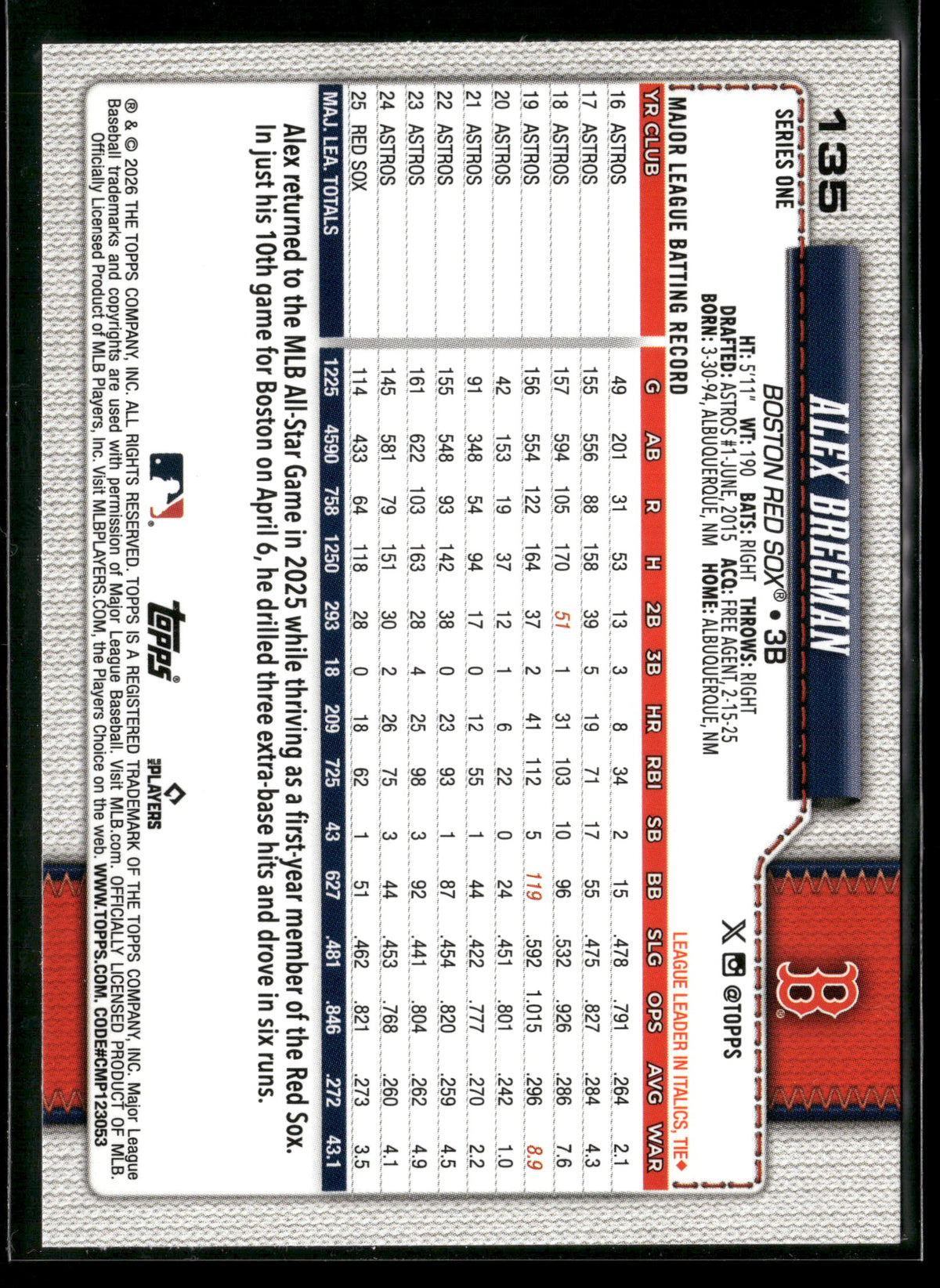 2025 Topps Series 1 Alex Bregman #135