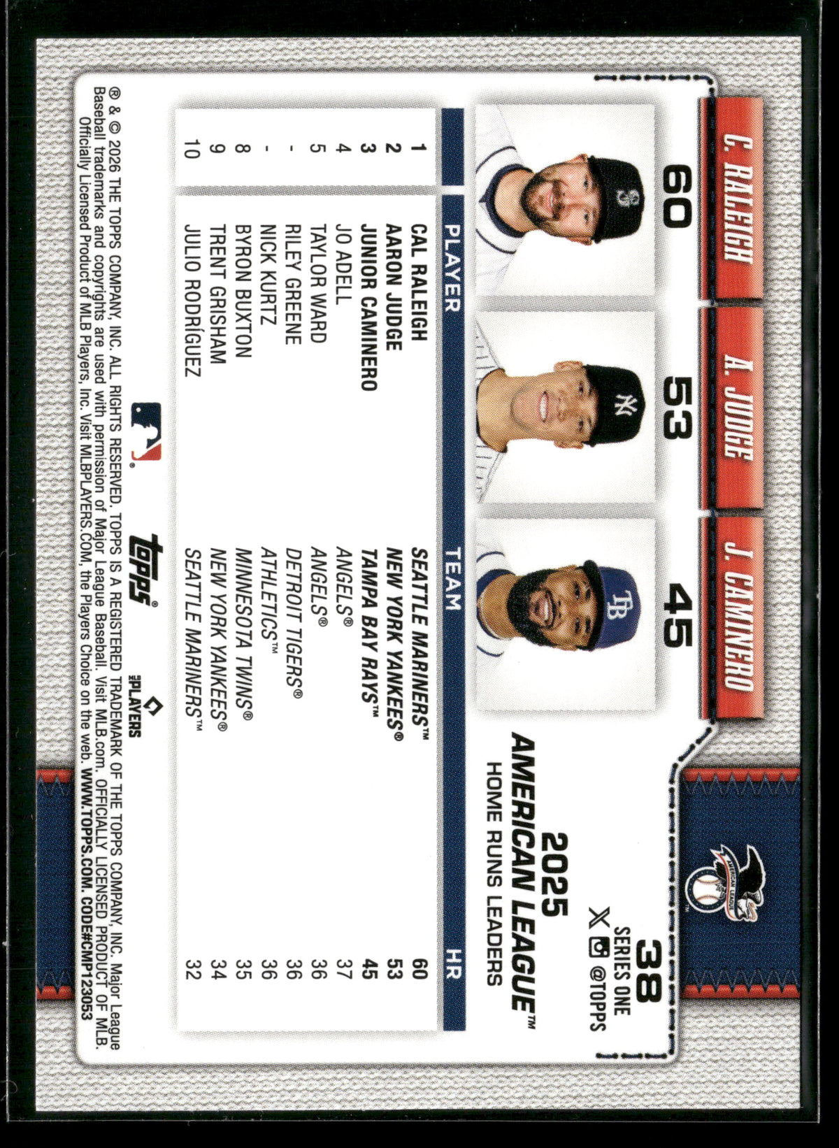 2025 Topps Series 1 Junior Caminero Aaron Judge Cal Raleigh #38