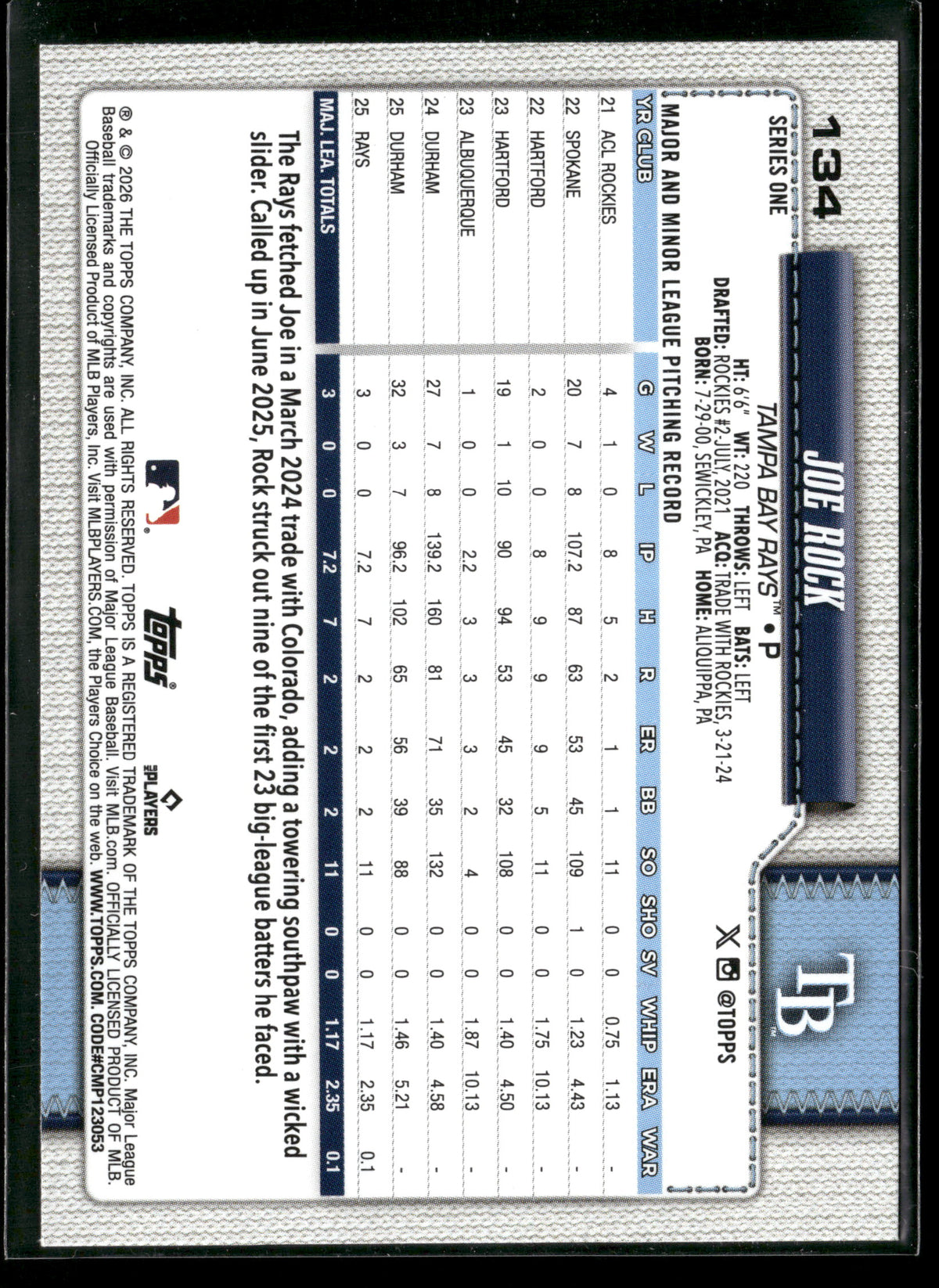 2025 Topps Series 1 Joe Rock #134 RC