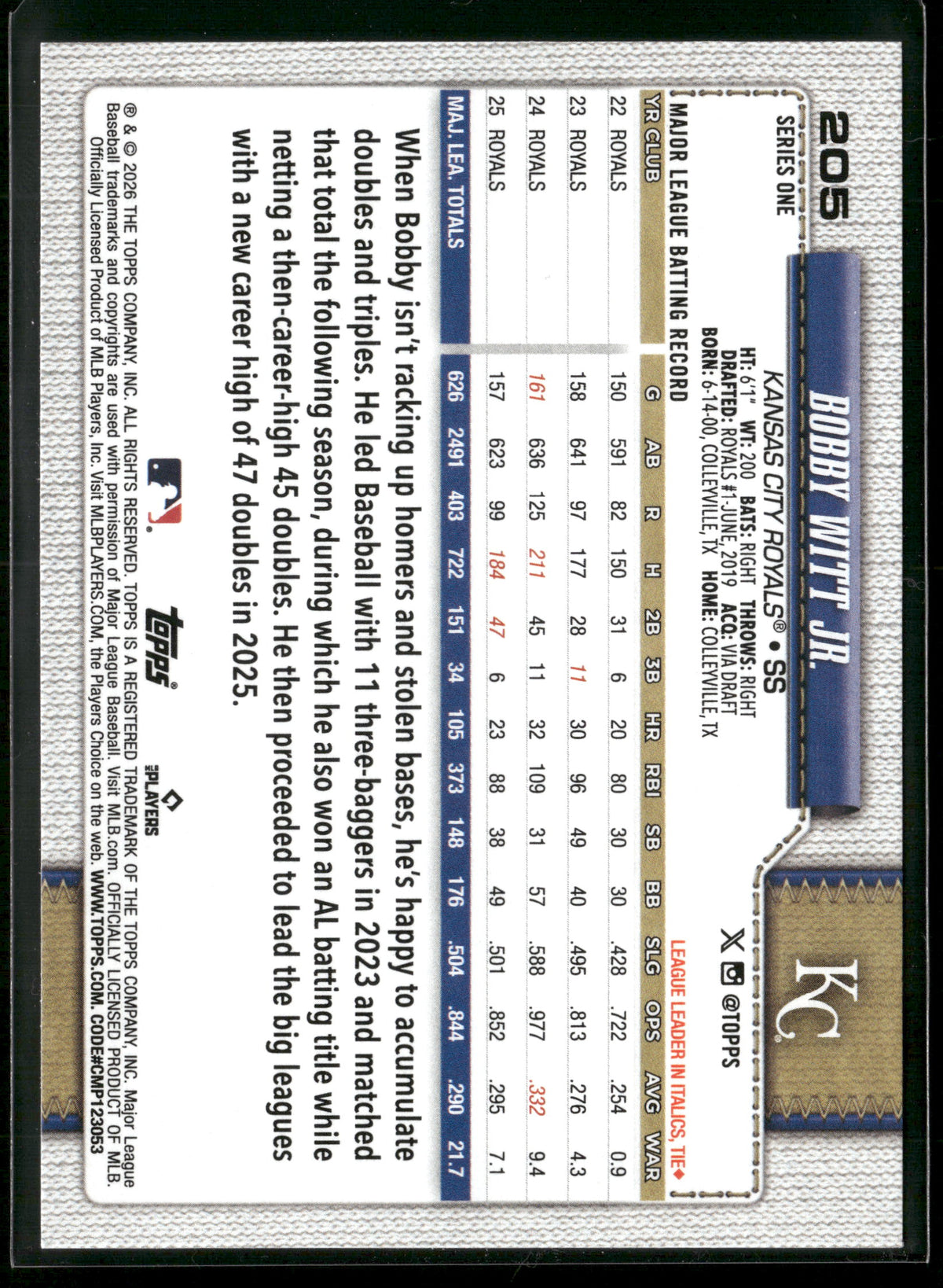 2026 Topps Series 1 Bobby Witt Jr. #205