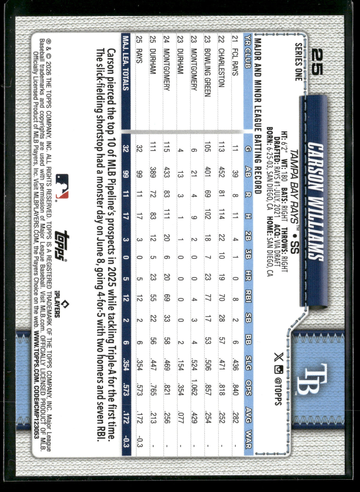2026 Topps Series 1 Carson Williams #25 RC