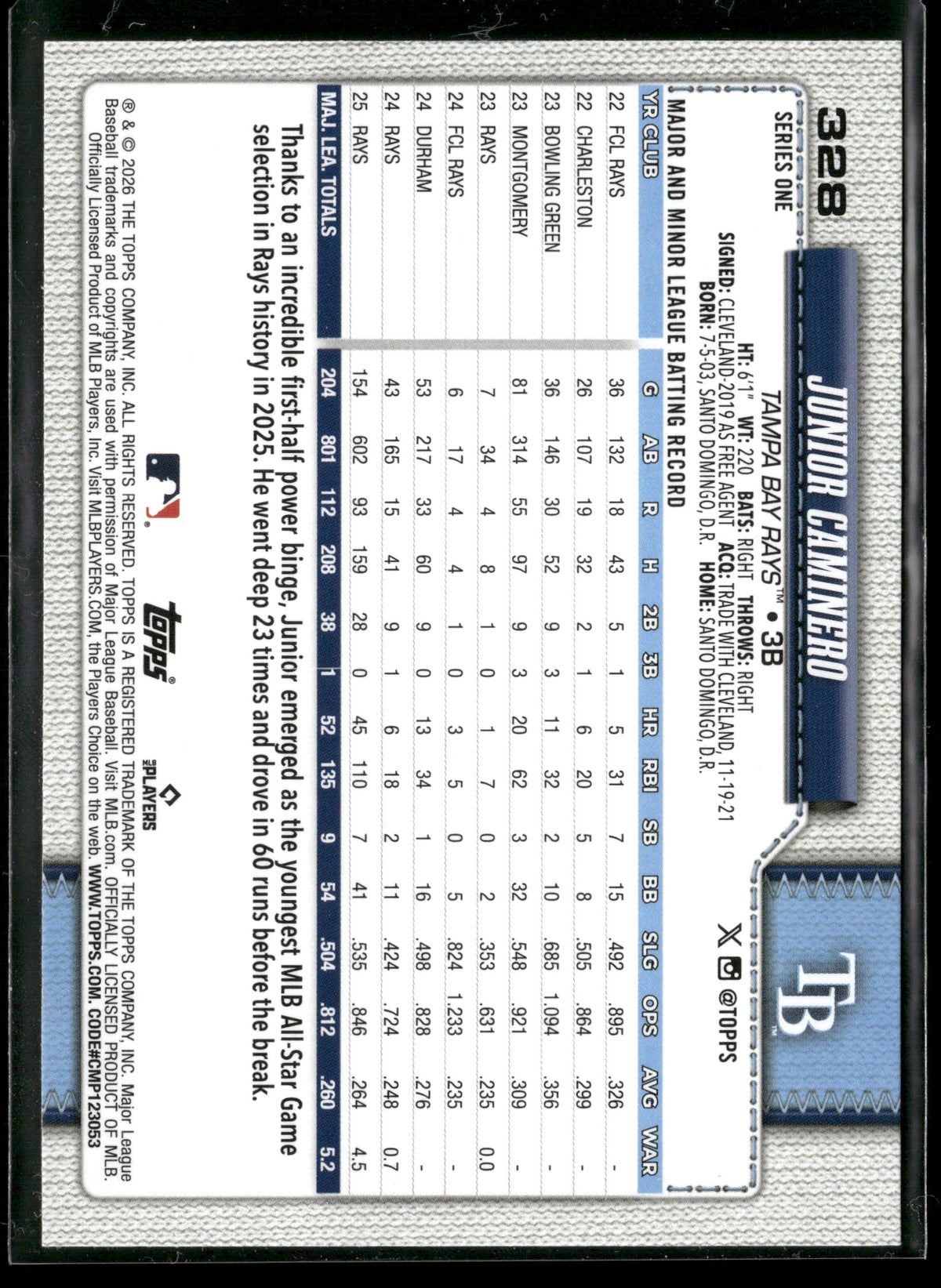 2026 Topps Series 1 Junior Caminero #328