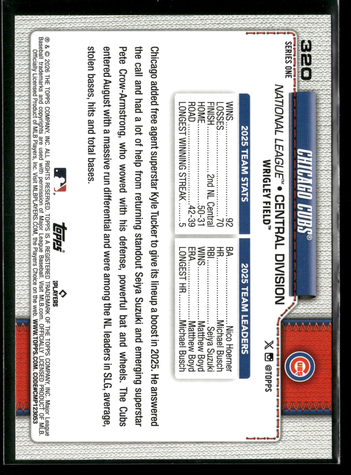 2026 Topps Series 1 Seiya Suzuki Pete Crow-Armstrong #320