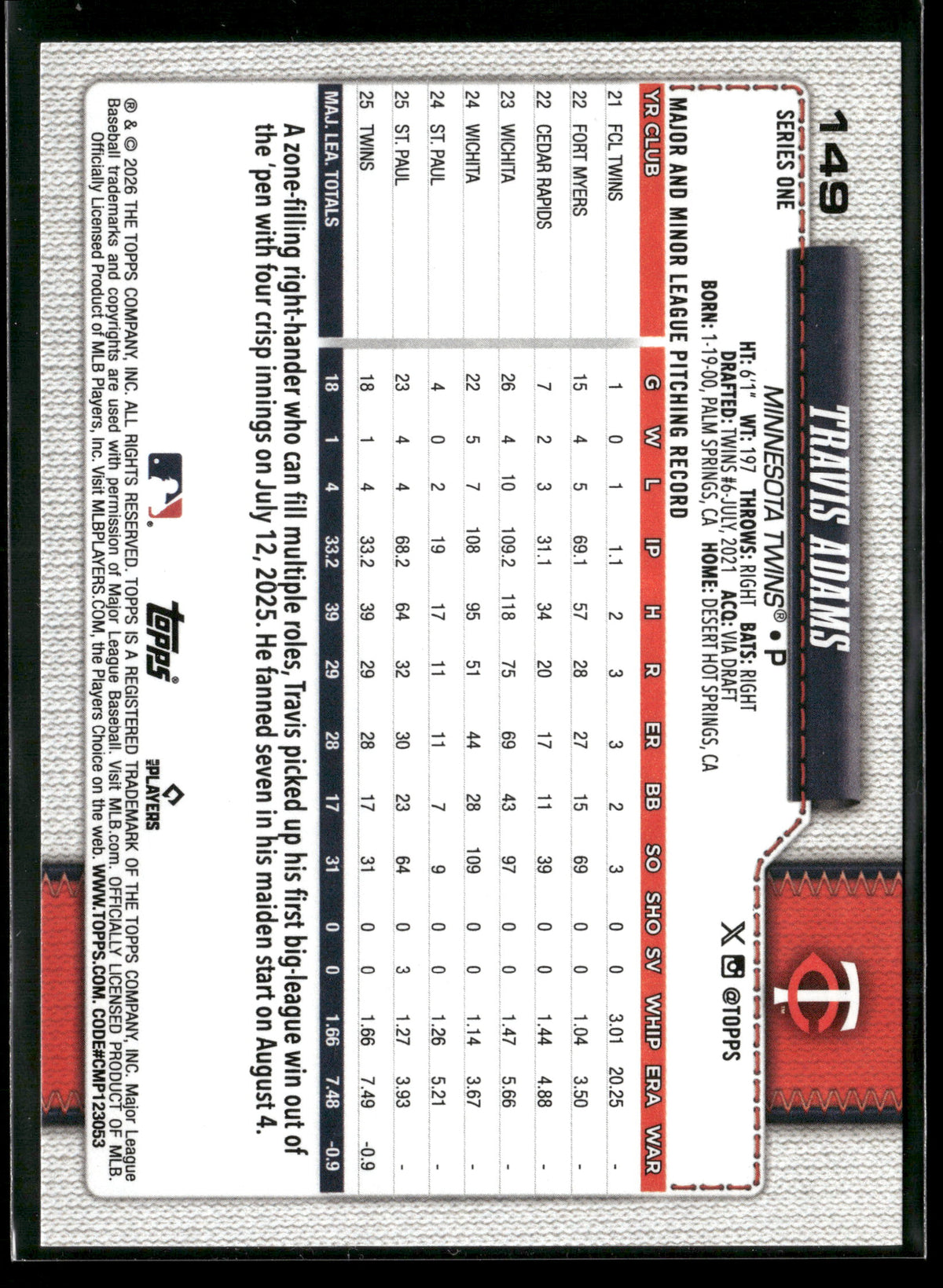 2026 Topps Series 1 Travis Adams #149 RC