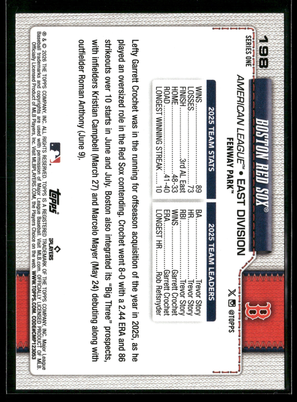 2026 Topps Series 1 Boston Red Sox #198